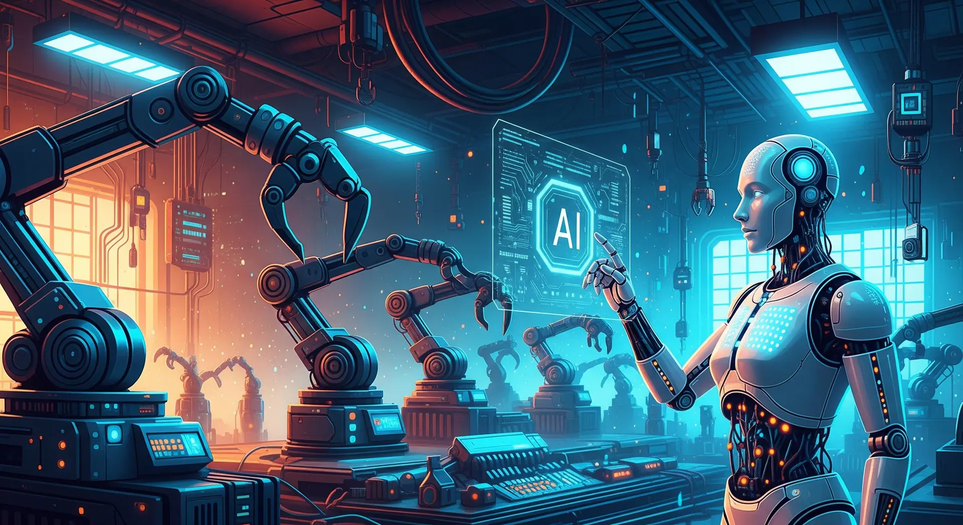 Modern tech workspace with laptop, monitors and AI visualization